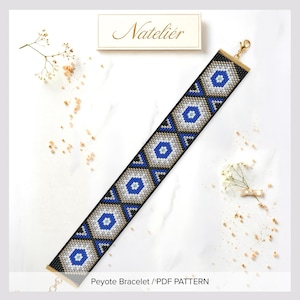 May include: A beaded bracelet featuring a geometric pattern of blue, white, and black diamonds with a gold-tone lobster clasp. The text Natelier and Peyote Bracelet / PDF PATTERN is visible. The design consists of repeating hexagonal motifs.