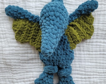Crochet Pterodactyl Plush, Blue Chenille Flying Dinosaur Toy, Prehistoric Nursery Decor