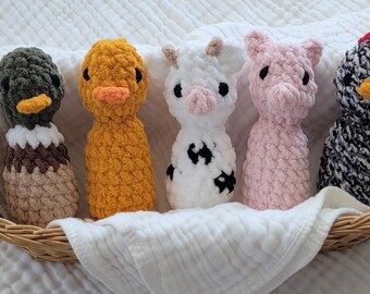 Handmade Crochet Farm Animals Plush Rattle Toy, Duck Cow Pig Chicken Amigurumi