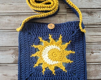 Boho Sun Moon Crochet Crossbody Bag, Celestial Granny Square Purse, Lined Handbag