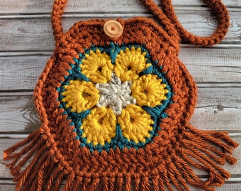 Hand-Crocheted Sunburst Granny Square Bag, Boho Fringe Crossbody Purse