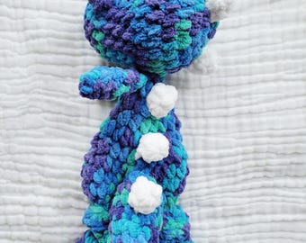 Handmade Crochet Dinosaur Plush, Soft Chenille Amigurumi Toy, Blue Purple Teal Baby Decor