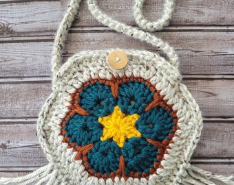 Handmade Starburst Crochet Bag, Fringe Crossbody, Southwestern Granny Square Purse