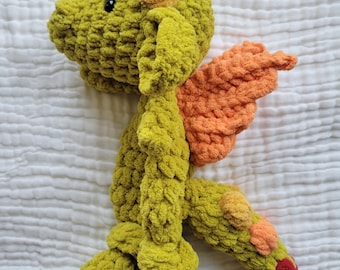 Handmade Crochet Dragon Plush, Moss Green Chenille, Fantasy Stuffed Animal Toy