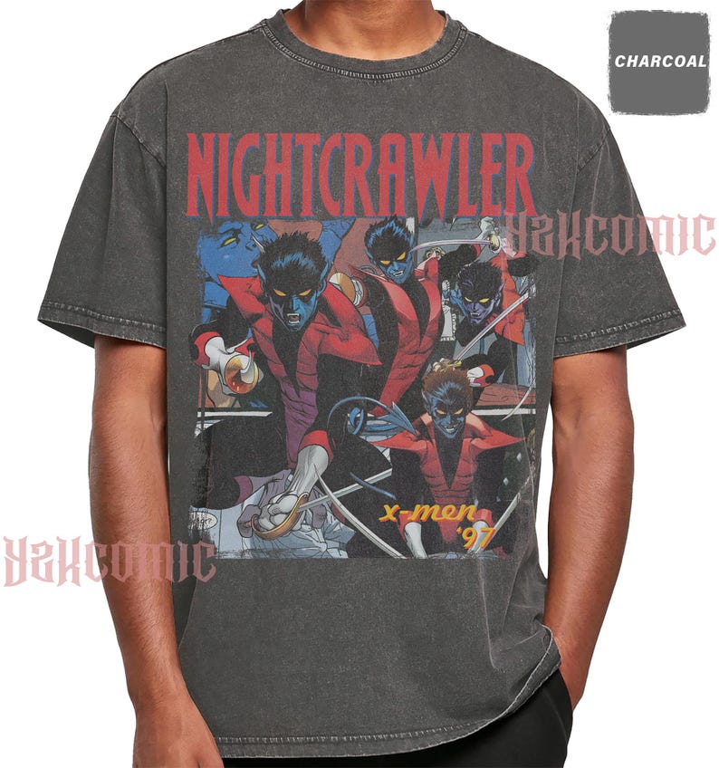 May include: A charcoal gray short-sleeve t-shirt featuring a graphic print of the character Nightcrawler from X-Men '97. The design includes the text NIGHTCRAWLER in red at the top and x-men '97 in yellow at the bottom, showcasing multiple action poses.