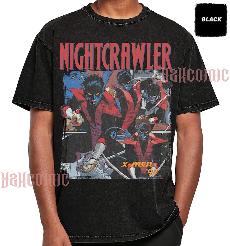 May include: A black acid-wash t-shirt featuring a graphic print of the character Nightcrawler from X-Men '97. The design includes the text NIGHTCRAWLER in red at the top and x-men '97 in yellow at the bottom, with multiple action poses of the blue-skinned character.