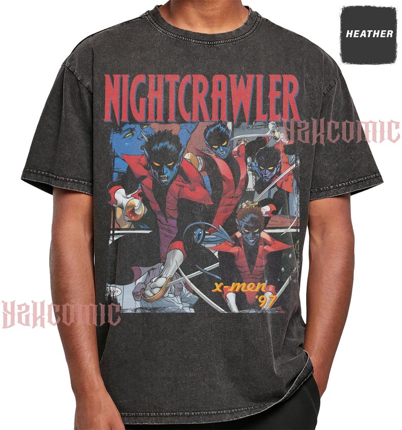 May include: A charcoal grey acid-wash t-shirt featuring a graphic print of the character Nightcrawler from X-Men '97. The design includes the text NIGHTCRAWLER in large red letters at the top and x-men '97 in yellow text at the bottom right.