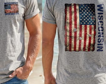 Bandera patriótica de Wisconsin (anverso y reverso) / 250 aniversario / Camiseta del 4 de julio / PNG del 4 de julio / Bella Canvas 3001 / Camiseta de la libertad
