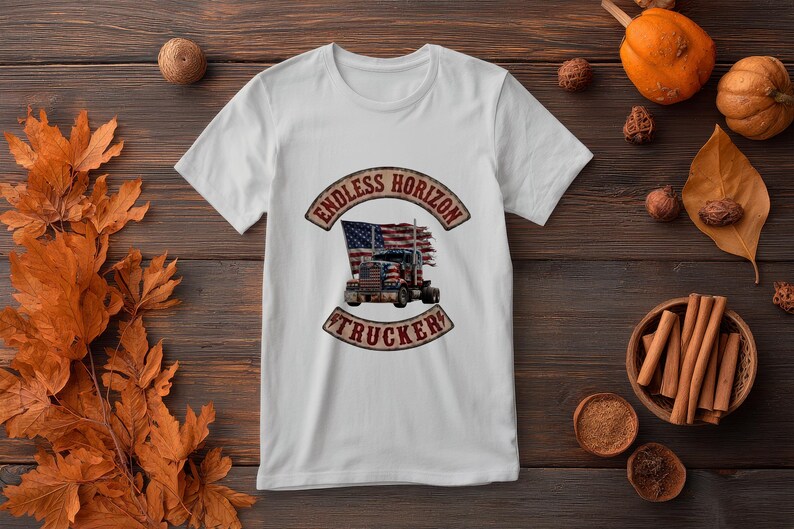May include: A white short-sleeve t-shirt featuring a central graphic of a semi-truck with an American flag background. The design is enclosed in a curved banner with the text ENDLESS HORIZON at the top and TRUCKER at the bottom in brown.