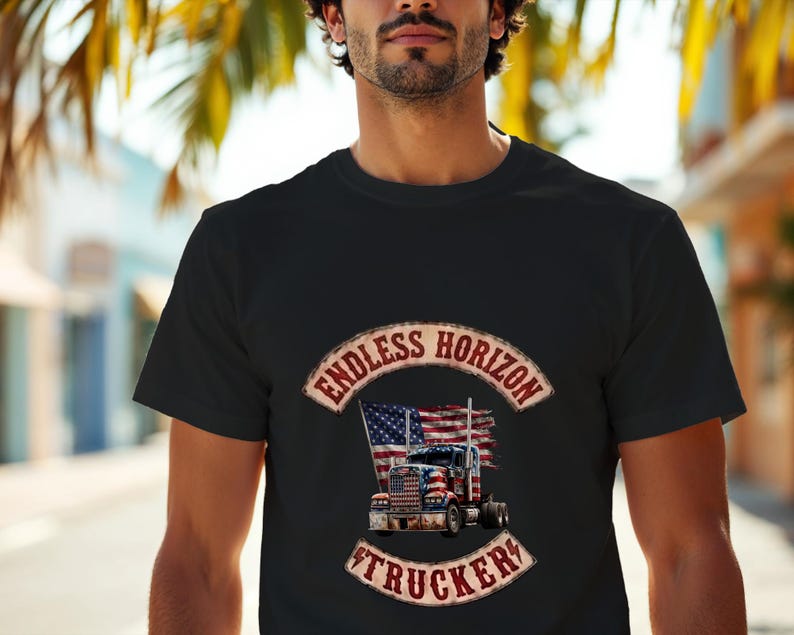May include: A black short-sleeved t-shirt featuring a graphic of a semi-truck with an American flag design. Above the truck, the text reads ENDLESS HORIZON in a curved banner, and below the truck, the text reads TRUCKER in a matching curved banner.