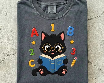 Back to school, book lover gift, cat shirt, typewriter, cat dad club shirt, tuxedo cat, calico cat shirt, iced coffee shirt, Comfort Colors