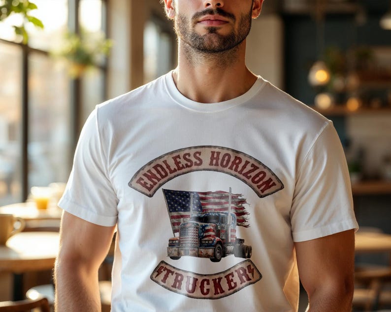 May include: A white short-sleeve t-shirt featuring a graphic print of a semi-truck with an American flag design. The text ENDLESS HORIZON is arched above the truck, and the word TRUCKER is arched below, both in a weathered, vintage-style font.