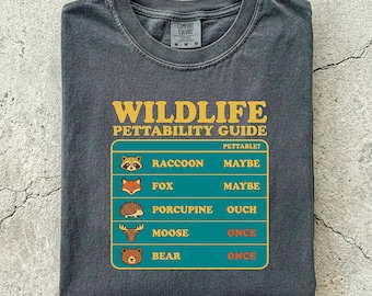 May include: A charcoal grey t-shirt featuring a yellow and teal graphic titled Wildlife Pettability Guide. The chart lists animals including a raccoon, fox, porcupine, moose, and bear with corresponding labels like Maybe, Ouch, and Once.