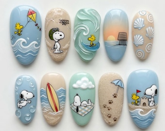 Handmade Snoopy Summer Press On Nails 3D Beach Sand Nails Cute Woodstock Surfing Nails Shell Sandcastle Glue On Nails Coastal Ocean Art Gift