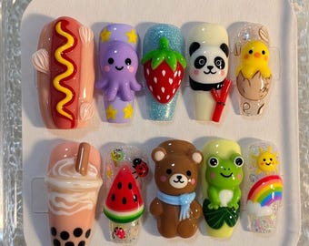 Uñas postizas Kawaii Mix con animales y comida / Uñas 3D hechas a mano con diseño de boba y perrito caliente / Uñas postizas con diseños de panda, rana y oso / Arte pintado a mano de alta calidad