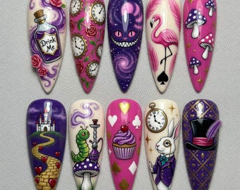 Handmade Alice in Wonderland Press On Nails 3D Drink Me Bottle Nails Cheshire Cat White Rabbit Flamingo Caterpillar Nails Purple Fantasy