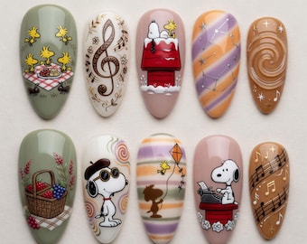 Uñas postizas personalizadas con motivos de Peanuts estilo vintage / Uñas hechas a mano con Snoopy escritor y picnic / Uñas postizas personalizadas con motivos musicales de Woodstock