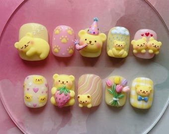 Uñas postizas 3D de osito de peluche amarillo hechas a mano, uñas cortas redondas, uñas de osito lindas para cumpleaños, uñas de fresa y tulipán, regalo artístico de lujo Kawaii
