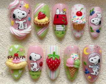 Uñas postizas de helado de Snoopy / Uñas postizas de postre de fresa adorables / Diseño de uñas de cupcake de banana split en 3D / Uñas personalizadas de verano en tonos pastel