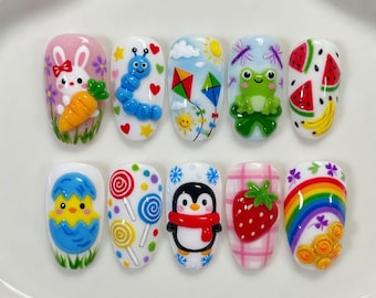 Uñas postizas Kawaii Garden Friends / Uñas 3D hechas a mano con diseño de rana y conejito / Uñas postizas coloridas de verano con diseño de arcoíris / Arte pintado a mano de alta calidad