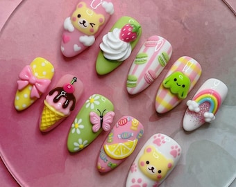 Uñas postizas hechas a mano con diseño de osito de peluche amarillo, uñas 3D con forma de postre, uñas con diseño de macaron y helado, uñas con diseño de mariposa arcoíris, regalo artístico de lujo Kawaii.