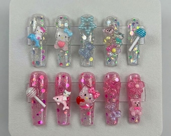 Kawaii Hello Kitty Press On Nails, Pink Jelly Glitter Nails, Cute 3D Bear Candy Nails, Y2K Kawaii Nail Set