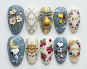 Uñas postizas de Snoopy estilo Cottagecore vintage / Uñas hechas a mano con diseño de pera y flores en 3D / Uñas postizas de lujo pintadas a mano con motivos de Peanuts / Arte de uñas de lujo