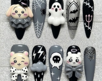 Uñas postizas Gothic Coquette hechas a mano con lazo y alas en 3D, lujosas, con diseño de corazón sagrado y sangre, de alta calidad y personalizadas, estilo balletcore oscuro.