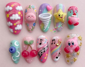 Uñas postizas Kawaii Magical Kirby / Uñas postizas Cute Pastel Gamer Girl / Diseño de uñas 3D Star Rainbow Tornado / Uñas Sweet Cherry Music Note