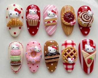 Uñas postizas Kawaii Hello Kitty Bakery / Uñas hechas a mano con diseño de donut y pastelería en 3D / Uñas postizas reutilizables de alta calidad / Arte de lujo pintado a mano