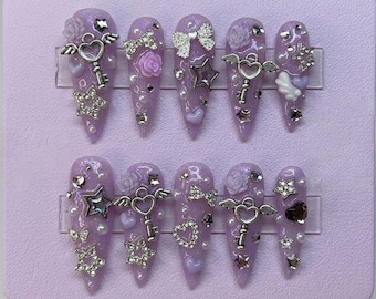 Lavender Y2K Press On Nails, Fairy Kei Charm Nails, Purple Glitter Nails with Heart Key Charms & Rhinestones