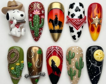 Uñas postizas hechas a mano de Snoopy Cowboy, uñas de cactus 3D, uñas de lujo estilo western con estampado de vaca y bandana, uñas postizas con pegamento, regalo de arte del desierto de Sheriff