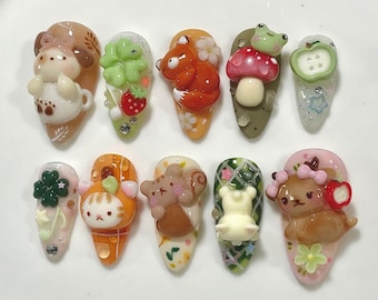 Uñas postizas Kawaii Cottagecore Forest / Uñas hechas a mano con diseño de zorro y ardilla en 3D / Uñas postizas con diseño de rana y seta / Arte pintado a mano de alta calidad