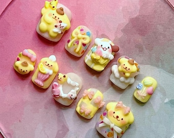 Uñas postizas de Pompompurin hechas a mano, uñas de personaje 3D, uñas lindas de Lemon Soda, uñas de pegamento con lazo rosa y estampado de cuadros vichy, Kawaii Sanrio, regalo de arte de lujo