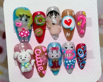 Uñas postizas Kawaii Oddball Mix hechas a mano con diseño de conejito 3D, personajes adorables y donas. Set de uñas de lujo de alta calidad pintadas a mano.