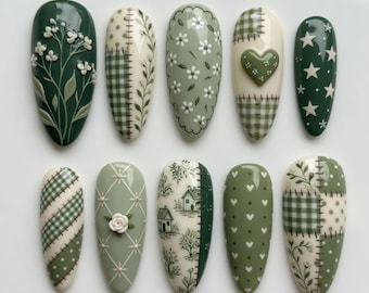 Handmade Sage Green Press On Nails 3D Flower Patchwork Gingham Nails Cute Heart Barn Glue On Nails Cottagecore Luxury Floral Art Gift
