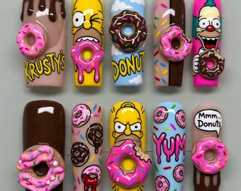 Uñas postizas hechas a mano de Homer Simpson, uñas de donut 3D, uñas lindas de Krusty Burger, uñas Mmm Donuts YUM, uñas de donut rosa glaseadas, arte Kawaii