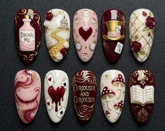 Uñas postizas hechas a mano de Alicia en el País de las Maravillas, uñas 3D con forma de botella "Bébeme", uñas con forma de sombrero del Sombrerero Loco en rojo oscuro, uñas con forma de corazón, tarjeta y hongo, arte de lujo