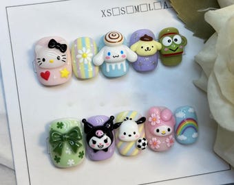 Uñas postizas Kawaii Sanrio Friends hechas a mano en 3D Hello Kitty, My Melody, Cinnamoroll, set de arte de uñas de lujo de alta calidad