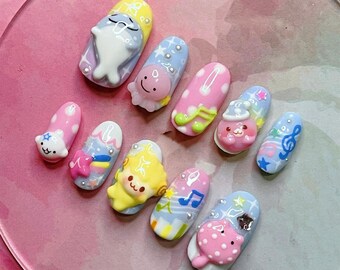 Uñas postizas hechas a mano con diseño de océano en tonos pastel, uñas con criaturas marinas en 3D, uñas con forma de pulpo y estrella, uñas con forma de nota musical, uñas postizas Kawaii de lujo. Regalo artístico.