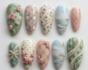 Presse victorienne faite à la main sur les ongles Ongles roses 3D Vagues d'or de luxe Ongles de plage Sauge pastel rose ruban bleu Colle sur les ongles Art floral de la mariée