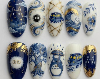 Handmade Totoro Press On Nails Blue and White Ghibli Art Nails Catbus Soot Sprite Nails Gold Leaf Japanese Anime Nails Luxury Gift Her
