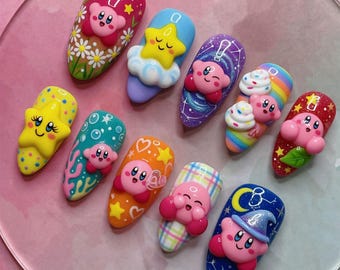 Uñas postizas hechas a mano de Kirby, uñas de personaje 3D, uñas de mago Kirby adorables, uñas de arcoíris galáctico, uñas adhesivas, helado de estrella kawaii, regalo de arte de lujo