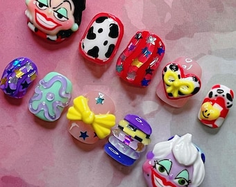 Uñas postizas hechas a mano de villanos de Disney, uñas 3D de Úrsula y Cruella, uñas con estampado de vaca, uñas con pegamento de estrella roja, regalo de arte de lujo Disney Bound