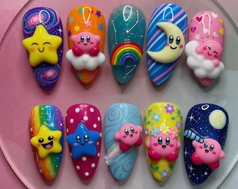 Uñas postizas Kirby hechas a mano, uñas de personaje 3D, uñas lindas de galaxia arcoíris, uñas de luna estrellada para pegar, uñas Kawaii Kirby Flower, regalo de arte de lujo