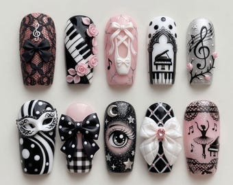 Uñas postizas Balletcore Opera / Uñas postizas Dark Coquette Masquerade / Diseño de uñas 3D Ballet Slippers Piano Rose / Uñas góticas y caprichosas