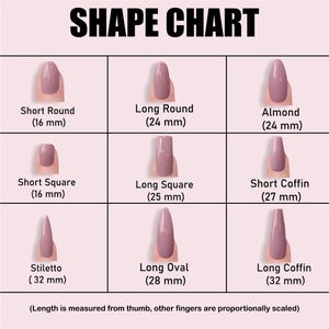 May include: A nail shape chart with nine different nail shapes in a mauve color. The chart includes Short Round, Long Round, Almond, Short Square, Long Square, Short Coffin, Stiletto, Long Oval, and Long Coffin. Lengths are measured in millimeters.