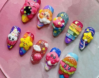 Uñas postizas hechas a mano de Kirby, uñas con personajes 3D, uñas lindas de arcoíris y estrellas, uñas adhesivas de Kirby Burger, estilo gamer kawaii, regalo de arte de lujo