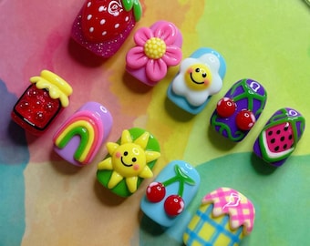 Uñas postizas hechas a mano con diseño de frutas neón en 3D, diseño de fresa y cereza, diseño de arcoíris y sol, diseño de tarro de mermelada, regalo artístico Kawaii Dopamine.