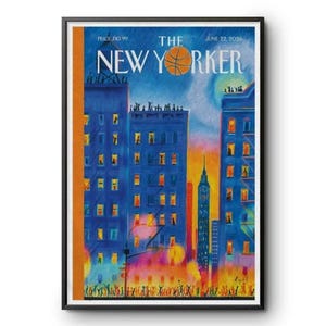 May include: A framed magazine cover titled The New Yorker dated June 22, 2026. The illustration depicts a vibrant city scene at dusk with blue buildings, glowing yellow windows, a basketball moon, and a crowd of people at street level.